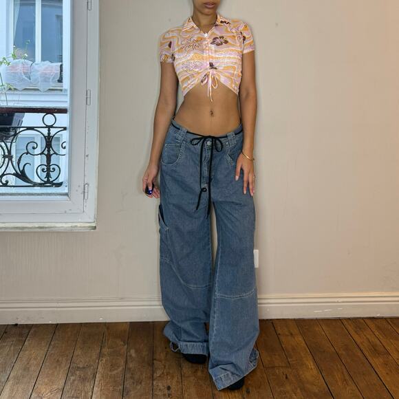 Vintage Italian Y2K Ruch Tropical Print Mesh Crop Top (S) - Picture 2 of 6